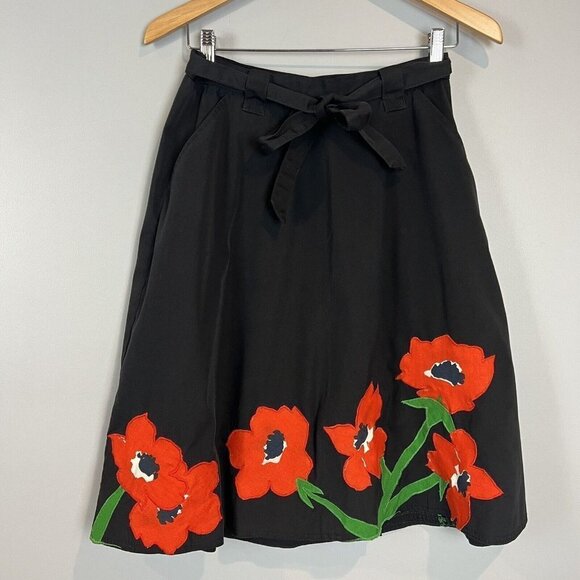 Emily Just Emily 1960s Wrap Skirt Black Red Appliqued Flowers Size Small Vtg - Picture 1 of 13